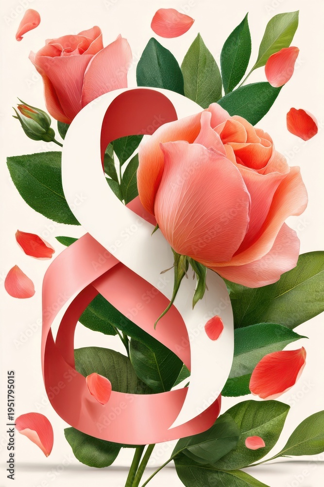 Naklejka premium Elegant number 8 ribbon with pink roses and green leaves for celebration and romance