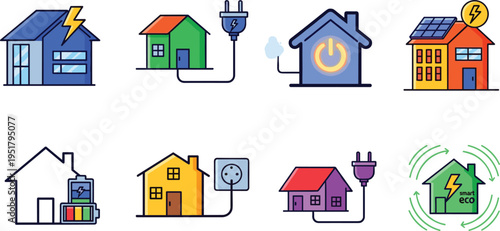  Smart home electricity and energy management icons vector set, eco power systems, connected house technology illustrations, modern utility design collection