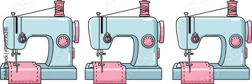 Vector sewing machine illustration featuring three identical designs with pink accents and stitched fabric
