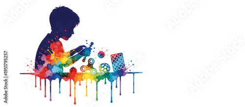 Autistic child playing with sensory toys silhouette. Colorful watercolor splash vector illustration. Neurodiversity and autism awareness concept isolated on transparent background