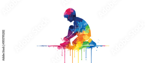 Dyspraxia and motor skills concept. Colorful watercolor silhouette of a child tying shoelaces. Vector illustration isolated on transparent background