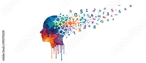 Dyscalculia and math anxiety concept. Colorful watercolor silhouette of a head with floating numbers. Vector illustration isolated on transparent background