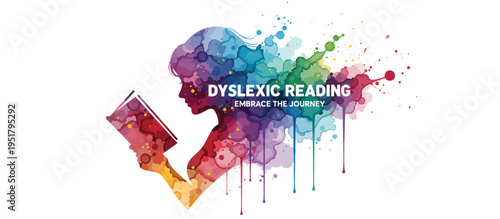 Dyslexia awareness and reading concept. Colorful watercolor silhouette of a person reading a book with text. Vector illustration isolated on transparent background
