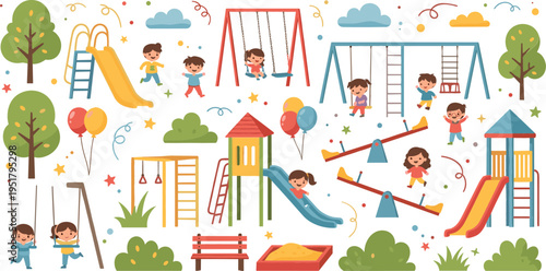 Kids playground vector illustration set with children playing on slides, swings, seesaw and climbing frames, outdoor park activity collection design