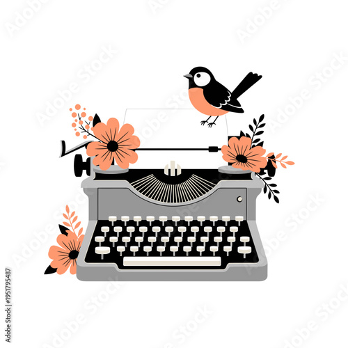 Typewriter with Bird and Flowers