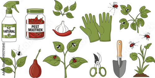 Gardening Tools and Organic Pest Control with Green Gloves, Garden Trowel, Natural Pest Mixture, and Healthy Plant Growth for Organic Gardening