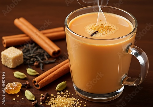 Hot spiced latte with cinnamon sticks and cardamom on wooden table
