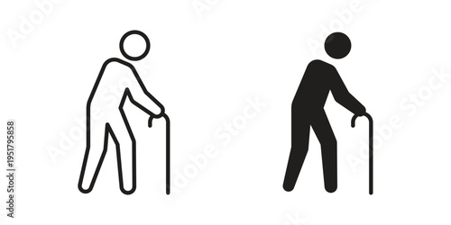 Person walking with cane icon linear vector outline, symbol logo design style