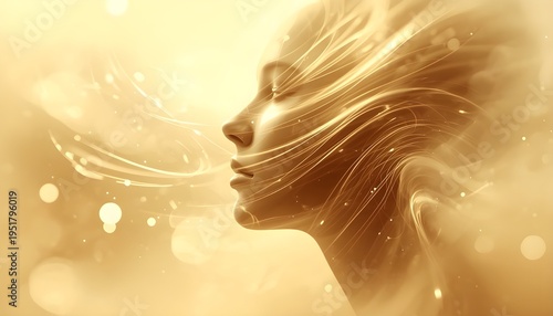 A serene woman with a glowing aura and ethereal lines flowing around her face in a peaceful golden light