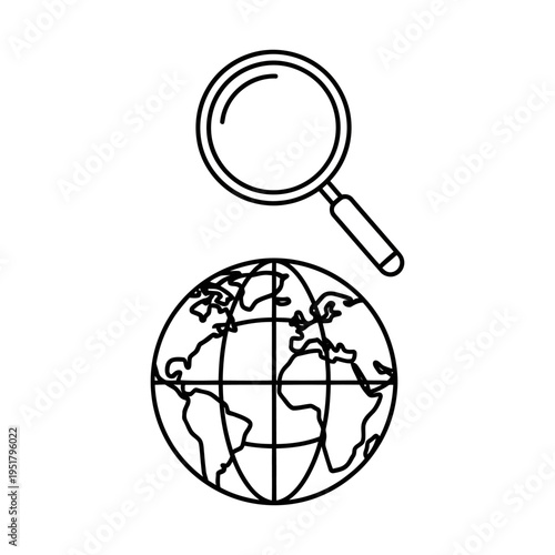 Global search concept with magnifying glass and world globe in line art style on white background