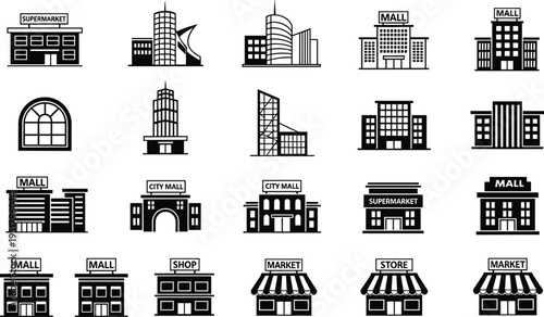 City buildings and shops icons collection including mall supermarket market store and office vector illustration set