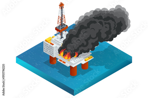 Isometric offshore disaster oil platform on sea engulfed in fire, thick black smoke Industrial accident, energy crisis, marine pollution risk, emergency response, petroleum hazard environmental damage