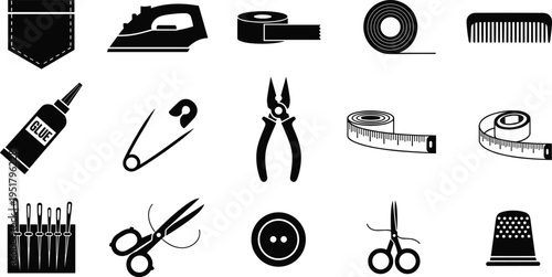 Vector illustration set of sewing and tailoring tools featuring scissors, needles, tape, thread, iron, thimble, and garment accessories.