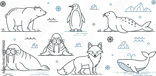 Arctic animals line art vector set with polar bear, penguin, seal, walrus, fox and whale, winter wildlife outline illustration collection design