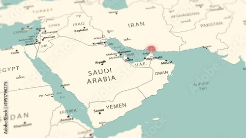 Smooth flyby of the Middle East on a detailed political map of the world. The Strait of Hormuz is a global oil and energy supply route in the Persian Gulf.