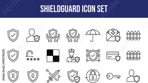 Shieldguard icon set offers protection, security, safety, privacy, and secure access symbols for defense