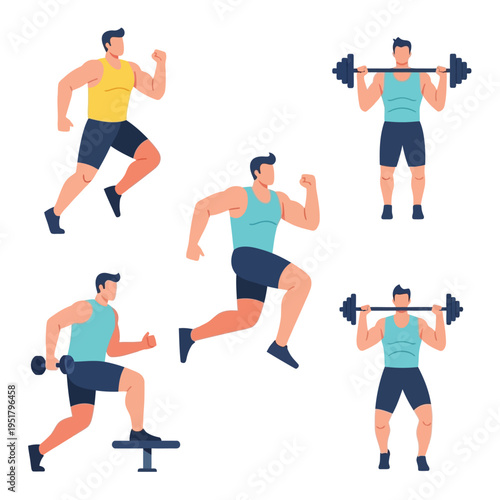Fitness Man Set: Running, Weightlifting, Dumbbell Exercise, Active Lifestyle Collection