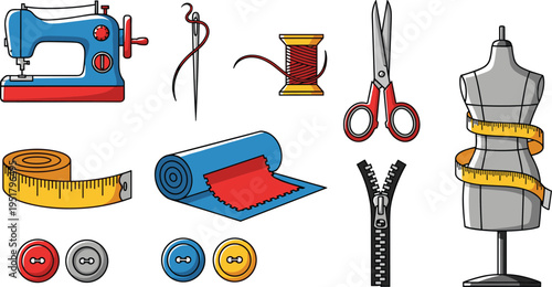 Vector sewing tools illustration featuring sewing machine, scissors, thread, fabric, zipper, buttons, and mannequin
