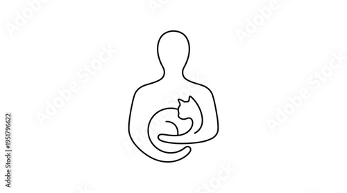 Cat Curled Inside Human Silhouette Continuous Single Line Minimalist Cat Person Line Art Illustration