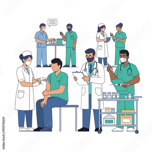 Healthcare professionals administering vaccines to patients in a clinic setting.