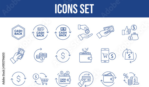 Cash back and money icons set for finance and shopping vector illustrations