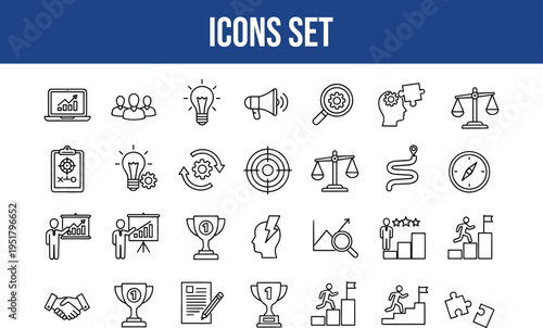 Business strategy icons set for planning, leadership, competition, and achieving goals in organizations