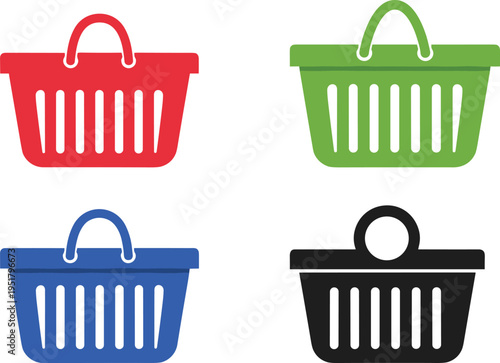 Vector illustration set of shopping baskets featuring colorful designs, retail icons, e‑commerce symbols, consumer goods, and market graphics.