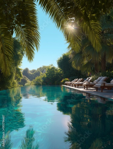Crystal Clear Pool Surrounded by Palm Trees and Lounge Chairs in a Tropical S...