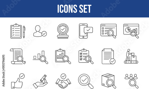 Clipboard, checklist, pen, user, shield, trophy, phone, browser and chart icons