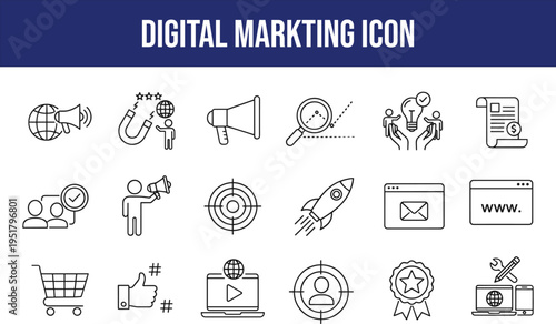 Digital marketing icon set for advertising online promotion and business growth vector illustration