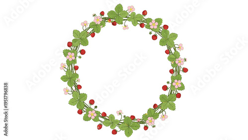 Delicate decorative wreath crafted from charming wild strawberry plants, adorned with soft pink blossoms and ripe red berries for natural designs.