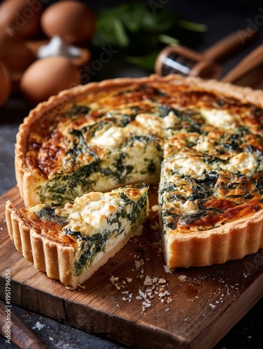 Freshly Baked Spinach Quiche Served on a Wooden Board During Morning Kitchen ...