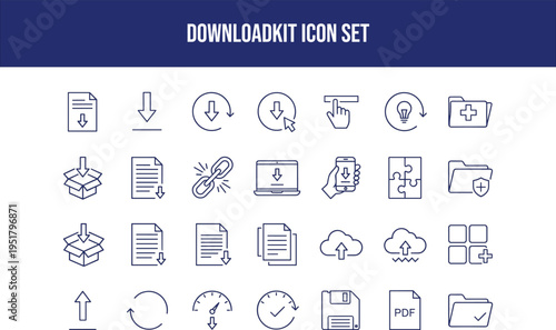 Downloadkit icon set for file download, upload, transfer, document management, and data synchronization