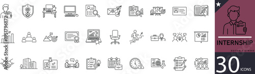 Minimal Internship line icons for job, training, career, student, experience, and professional growth. Editable vector icons with clean strokes, perfect for education platforms and career websites