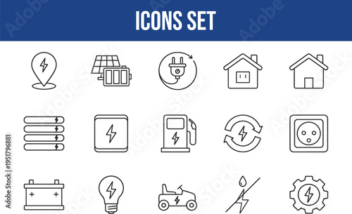 Energy and power icons set representing electricity, sustainability, and renewable resources for homes