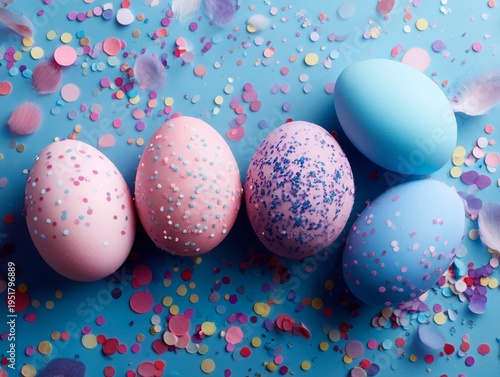 Colorful Eggs on a Blue Background With Colorful Confetti Scattered Around