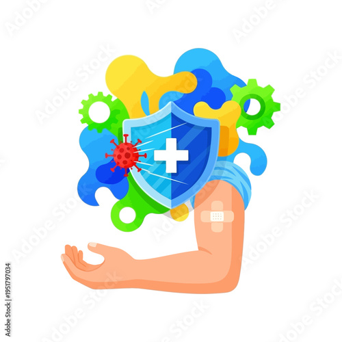 Immune System Protection: Shield, Vaccine, Virus, Arm, Gears, Abstract Background