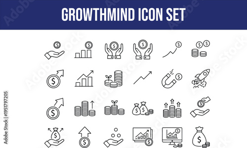 Growthmind icon set with symbols of financial growth, investment, money, business success, and wealth creation