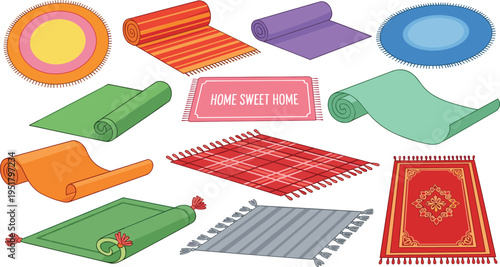 Carpets and rugs collection with rolled mats decorative floor textiles home interior vector illustration set