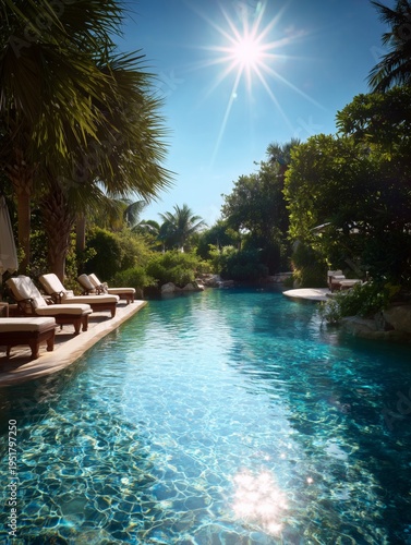 Sunny Day by the Pool With Lounge Chairs and Tropical Plants in the Background