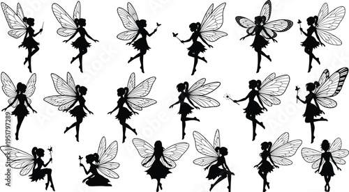 Fairy silhouettes collection with wings magic wand flying fantasy characters vector illustration set