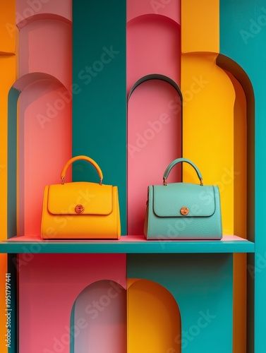 Colorful Display of Bags in a Store With Bright Walls and Stylish Shelves