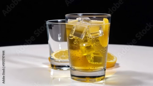 Refreshing beverage with lemon and ice cubes against a dark background