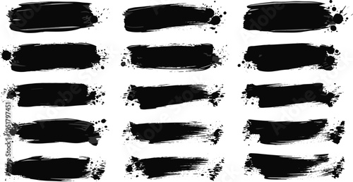 Black paint brush strokes collection grunge ink splatter artistic brush marks vector illustration set
