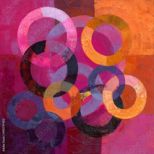 Colorful Circles Overlap on a Canvas in Pink, Purple, and Orange Shades Durin...