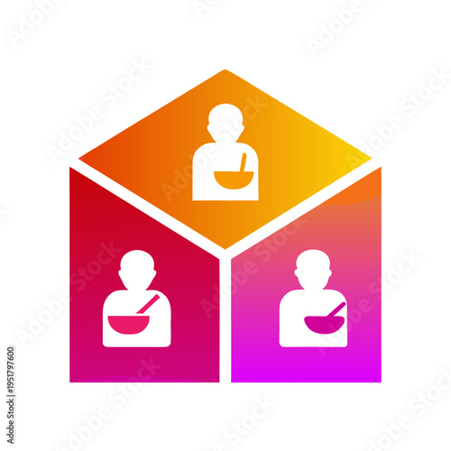 Silhouetted people enjoying lunch break with bowls in geometric color background