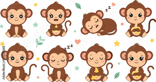 Canvas Print Cute baby monkey cartoon character set with different poses sleeping, eating ban