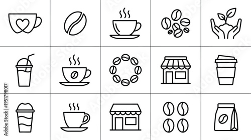 Collection of coffee shop linear symbols and roasted bean graphics