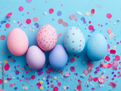 Colorful Eggs on a Blue Background With Colorful Confetti Scattered Around