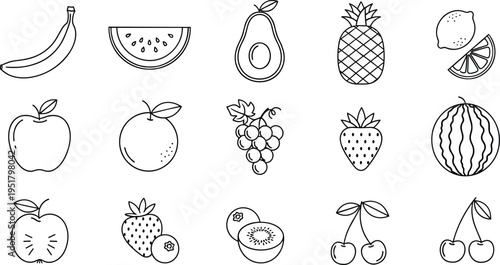A Set of Line-Drawn Fruit Icons Including Banana, Watermelon, Avocado, Pineapple, and More